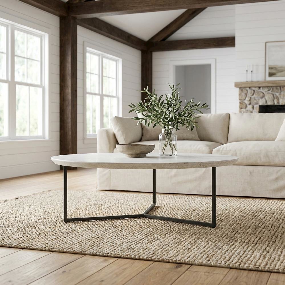 White Ombare Marble Top Coffee Table with Iron Frame Contemporary Design