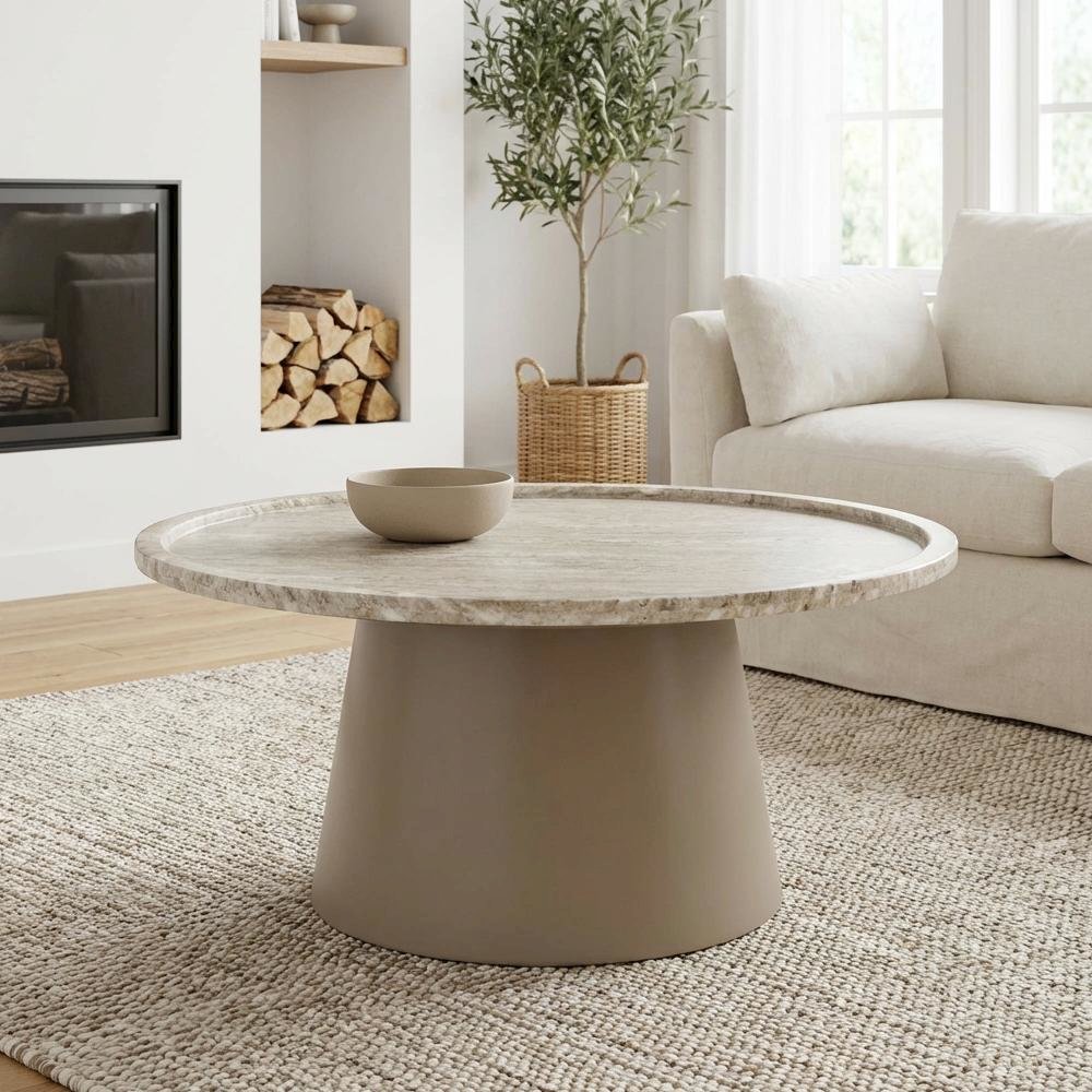 White Marble Coffee Table with Antique White Marble Top and MDF Iron Frame
