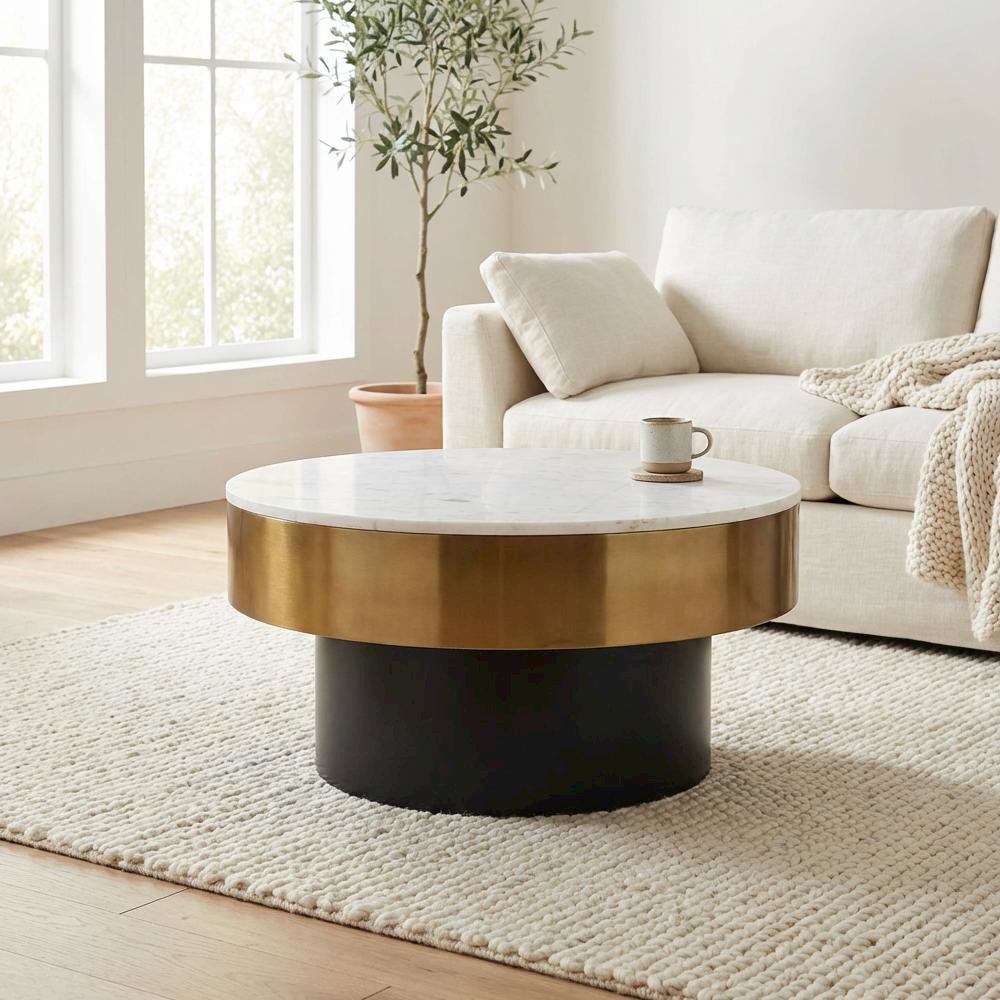 White Marble Top Coffee Table with Iron Base and Art Deco Design