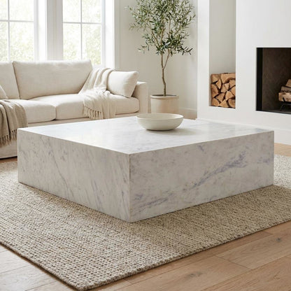 White Marble Coffee Table with Composite Wood Frame Modern Design