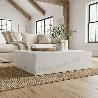 White Marble Coffee Table with Composite Wood Frame Modern Design