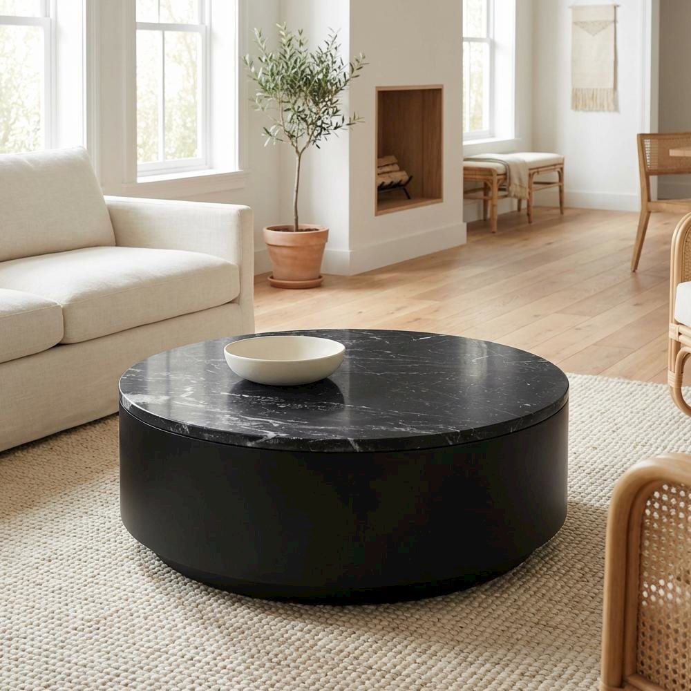 Top Black Marble Coffee Table with MDF Base, Stone Frame, Weight Capacity 30 lbs