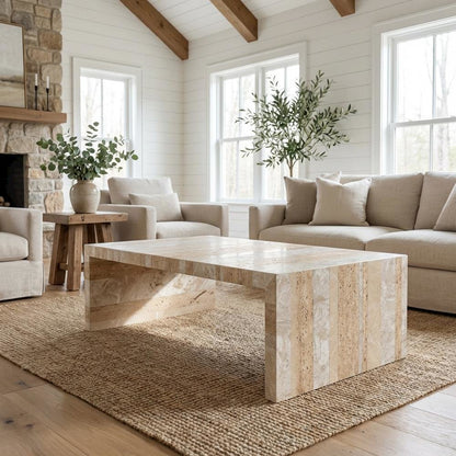 Multicolor Marble Coffee Table with Semi-Gloss Stone Top and Modern Design