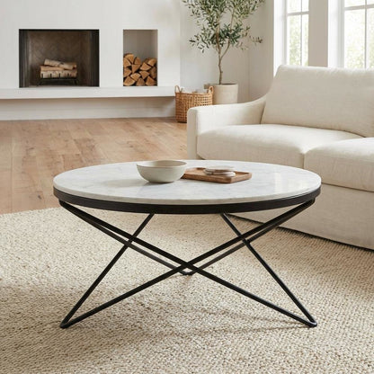 Black Marble Top Coffee Table with Metal Frame and Contemporary Design