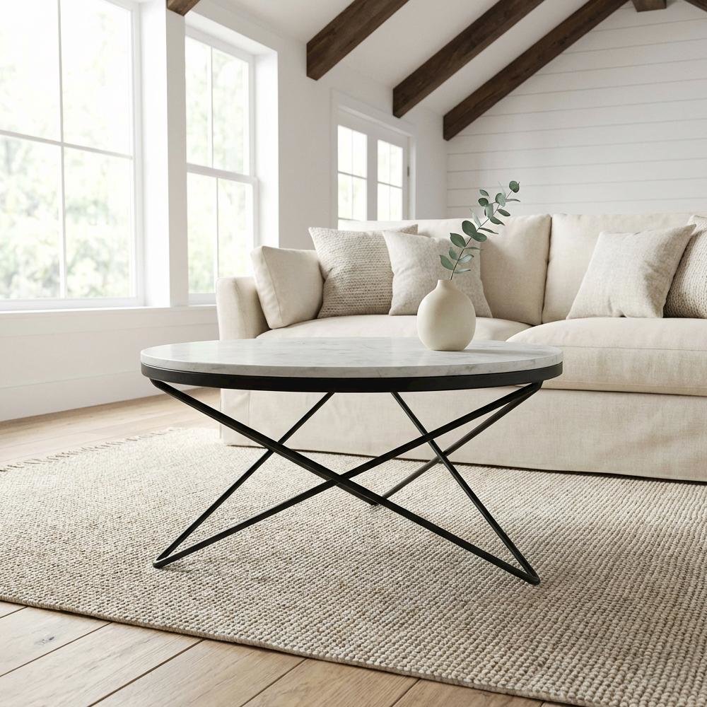 Black Marble Top Coffee Table with Metal Frame and Contemporary Design