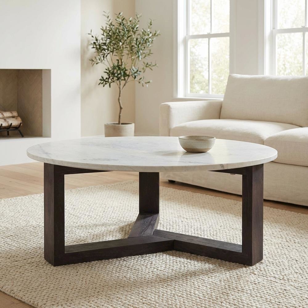 Gray Marble Coffee Table with Solid Acacia Base and Scandinavian Wood Legs