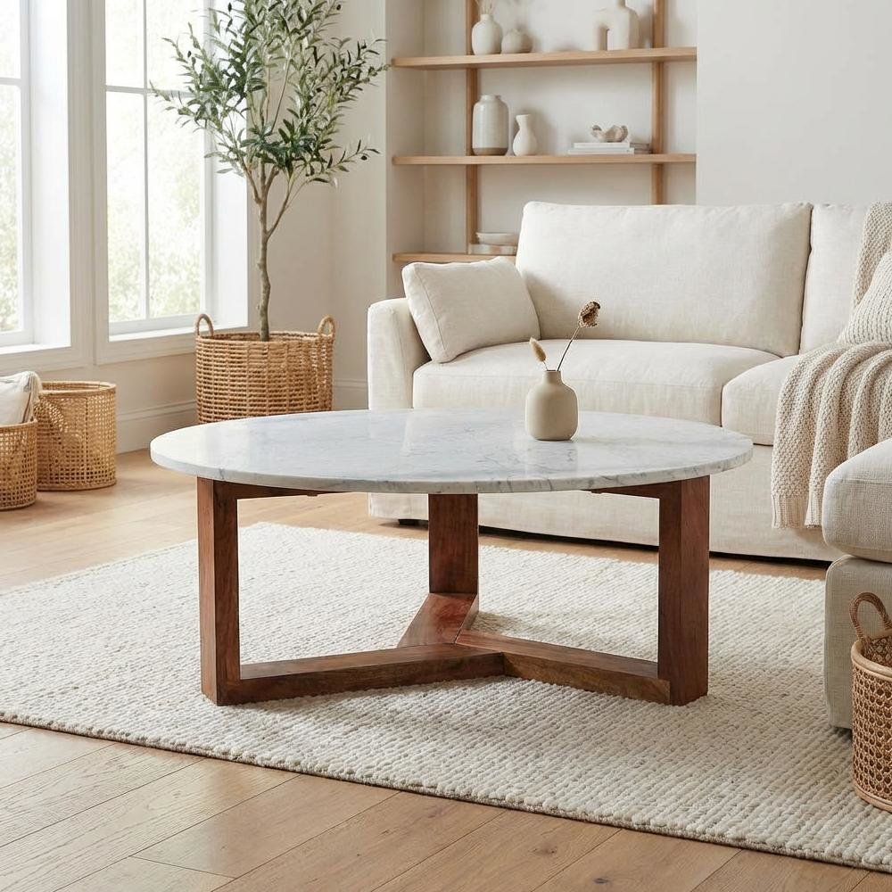 White Satwaria Marble Coffee Table with Solid Acacia Base Scandinavian Style