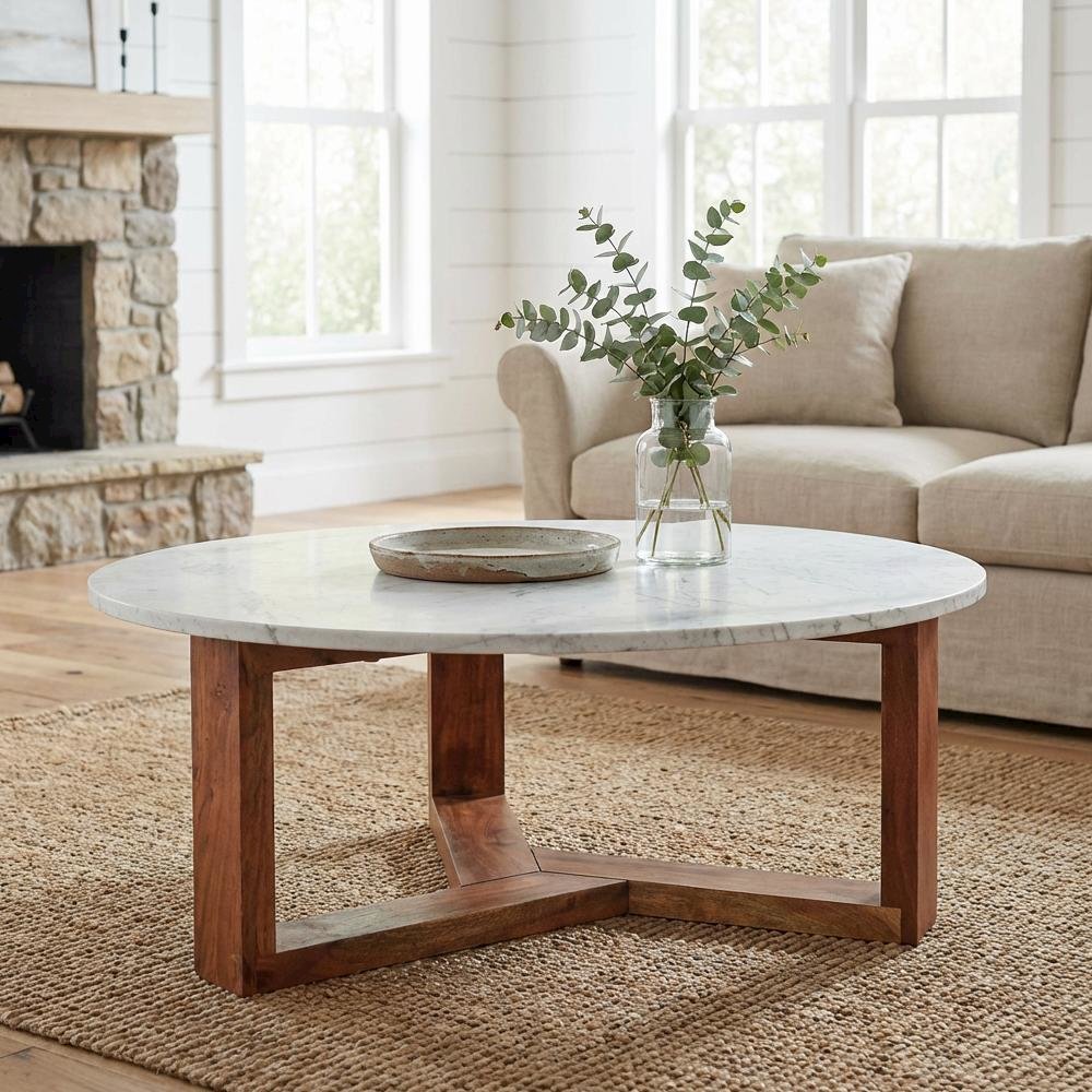 White Satwaria Marble Coffee Table with Solid Acacia Base Scandinavian Style