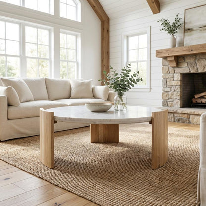 White Marble Coffee Table with Solid Oak Legs and Art Deco Style