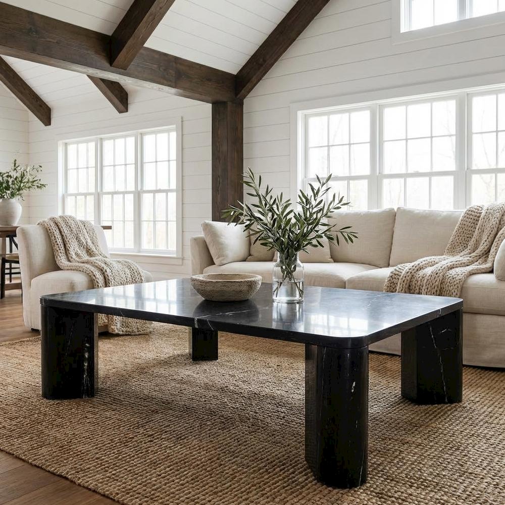 Coffee Table Black Marble Top with Metal Frame Modern Handmade Design
