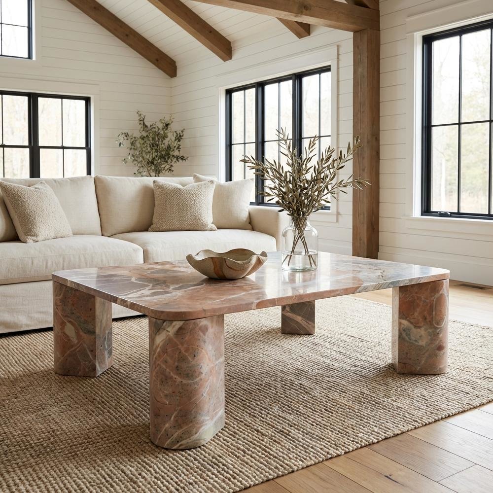 Orange Lavante Marble Coffee Table with Metal Frame and Semi-Gloss Finish