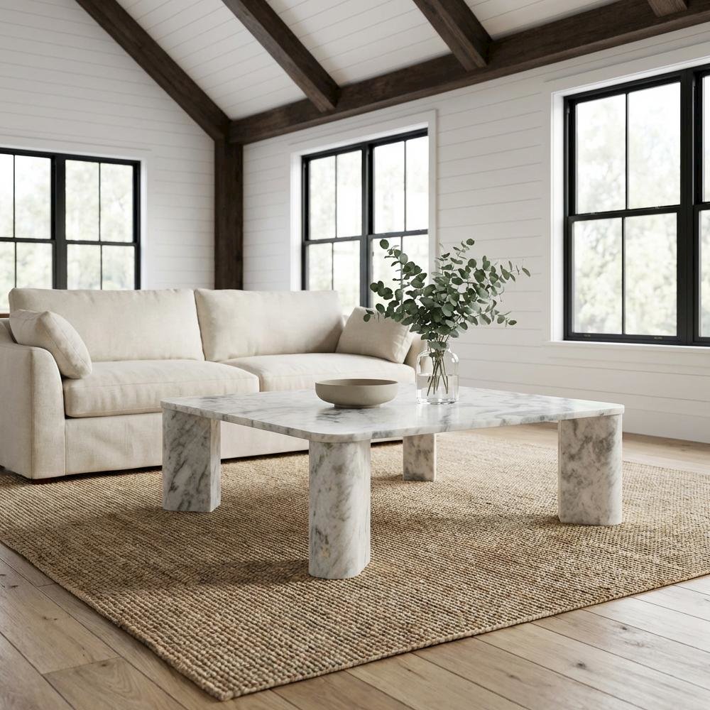 Gray Marble Coffee Table with Metal Frame and Handmade Composite Wood Top