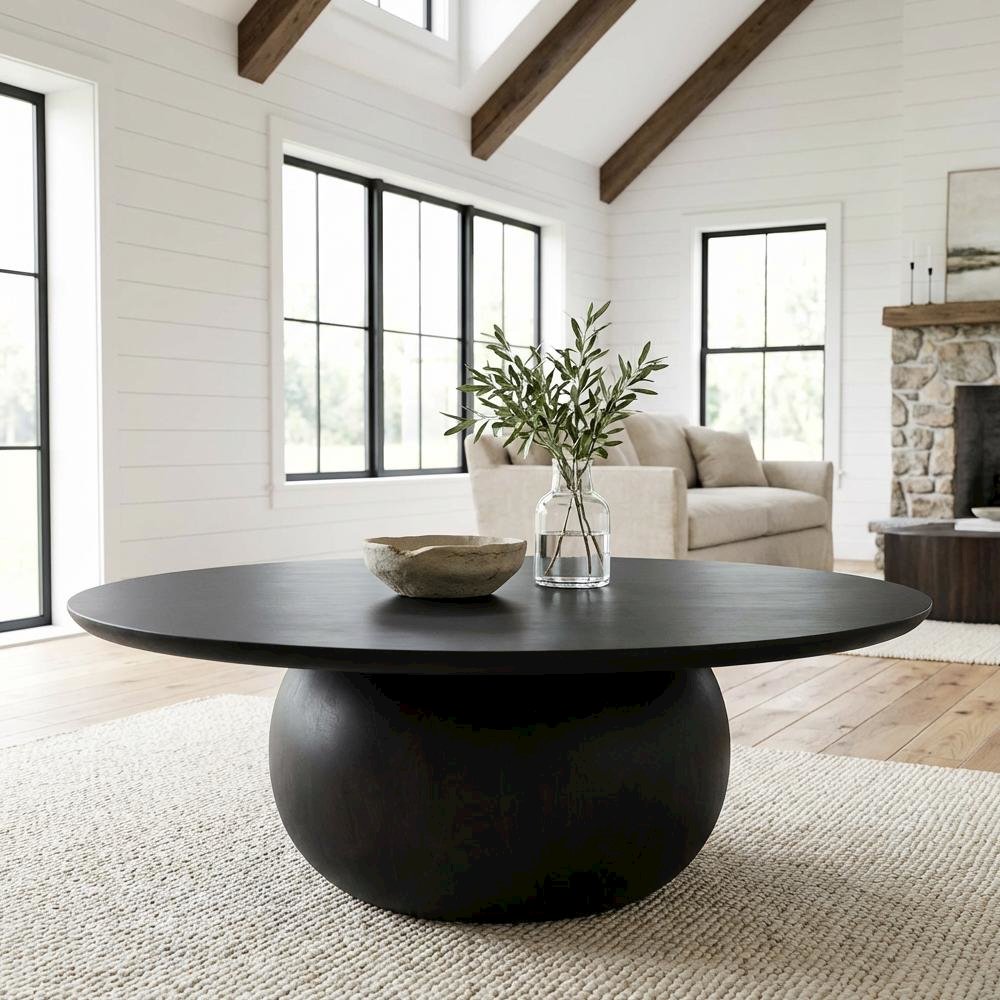 Black Acacia Wood Coffee Table Large Rustic Matt Finish Handmade