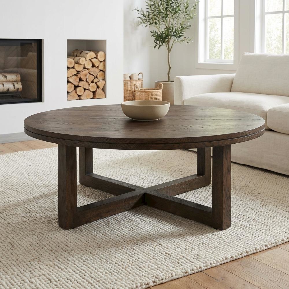 Brown Oak Wood Coffee Table with Metal Frame and Stain-Repellent Matte Finish