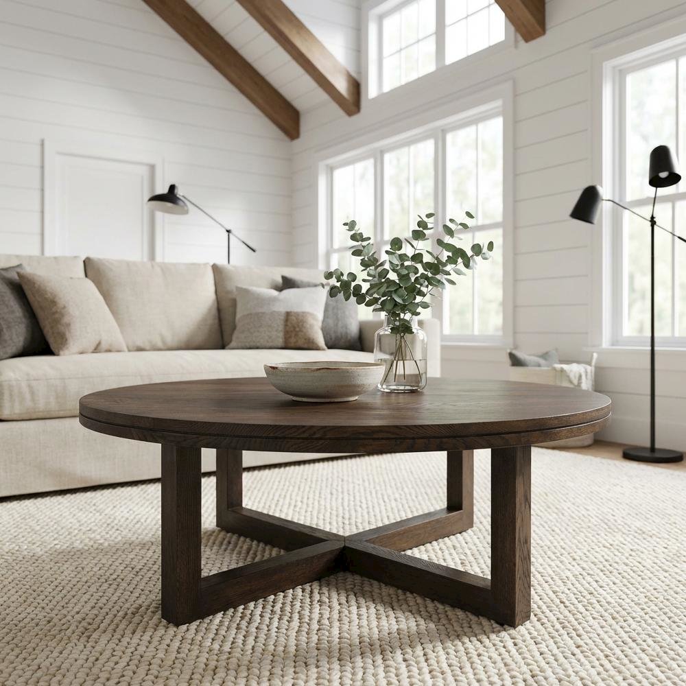 Brown Oak Wood Coffee Table with Metal Frame and Stain-Repellent Matte Finish