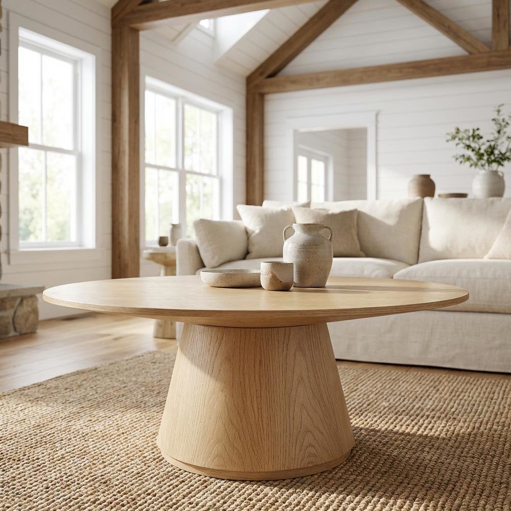 Brown Oak Veneer Coffee Table with Semi-Gloss Finish and Metal Hardware