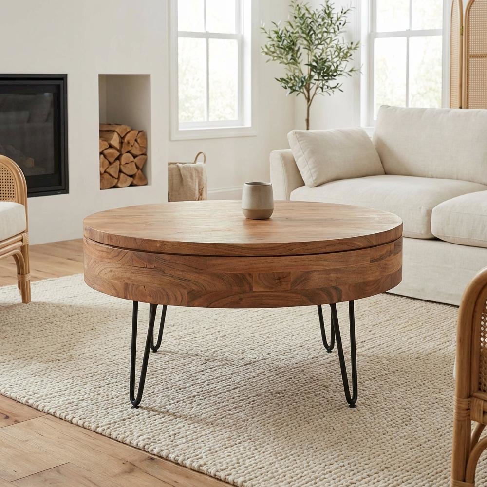 Brown Solid Acacia Coffee Table with Lift-Top Storage and Iron Legs