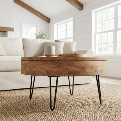 Brown Solid Acacia Coffee Table with Lift-Top Storage and Iron Legs