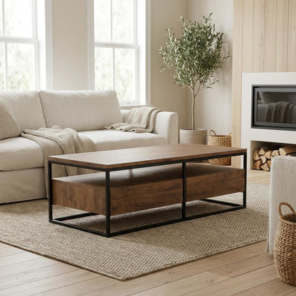 Brown Solid Acacia Coffee Table with Metal Frame and 2 Drawers Storage