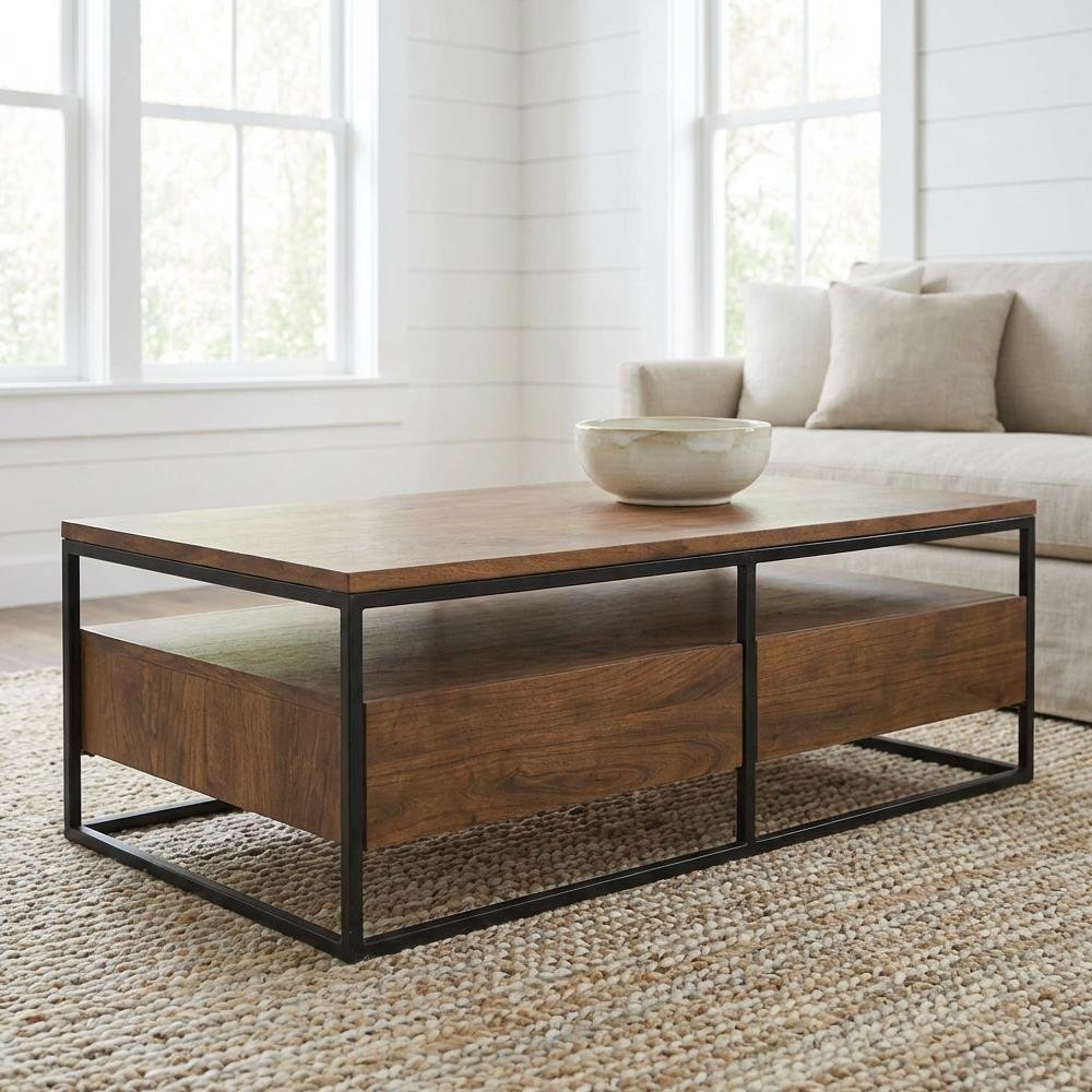 Brown Solid Acacia Coffee Table with Metal Frame and 2 Drawers Storage