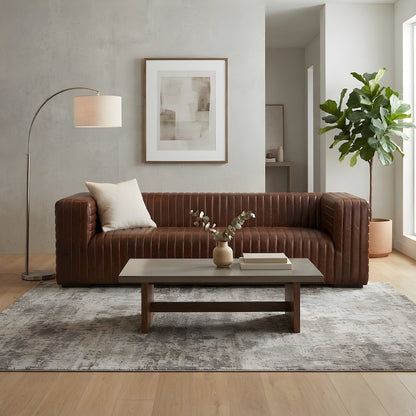 Top-Grain Leather Sofa with Channel Stitching, Industrial Style