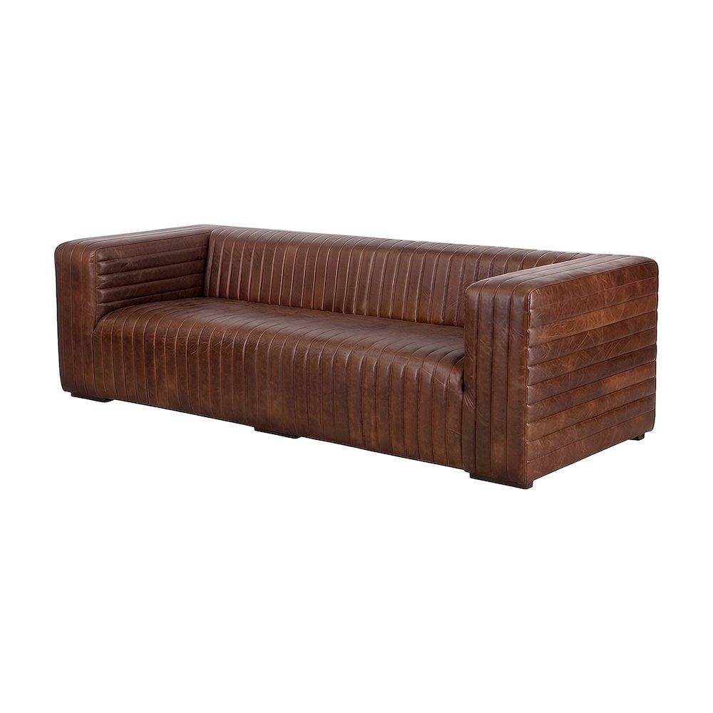 Top-Grain Leather Sofa with Channel Stitching, Industrial Style
