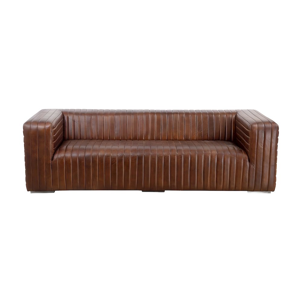 Top-Grain Leather Sofa with Channel Stitching, Industrial Style