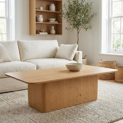 Brown Oak Veneer Coffee Table with Solid Oak Base and Sturdy Design