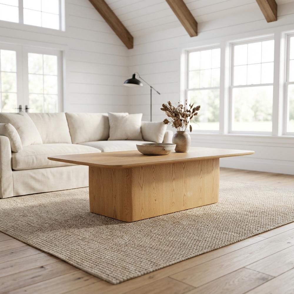 Brown Oak Veneer Coffee Table with Solid Oak Base and Sturdy Design