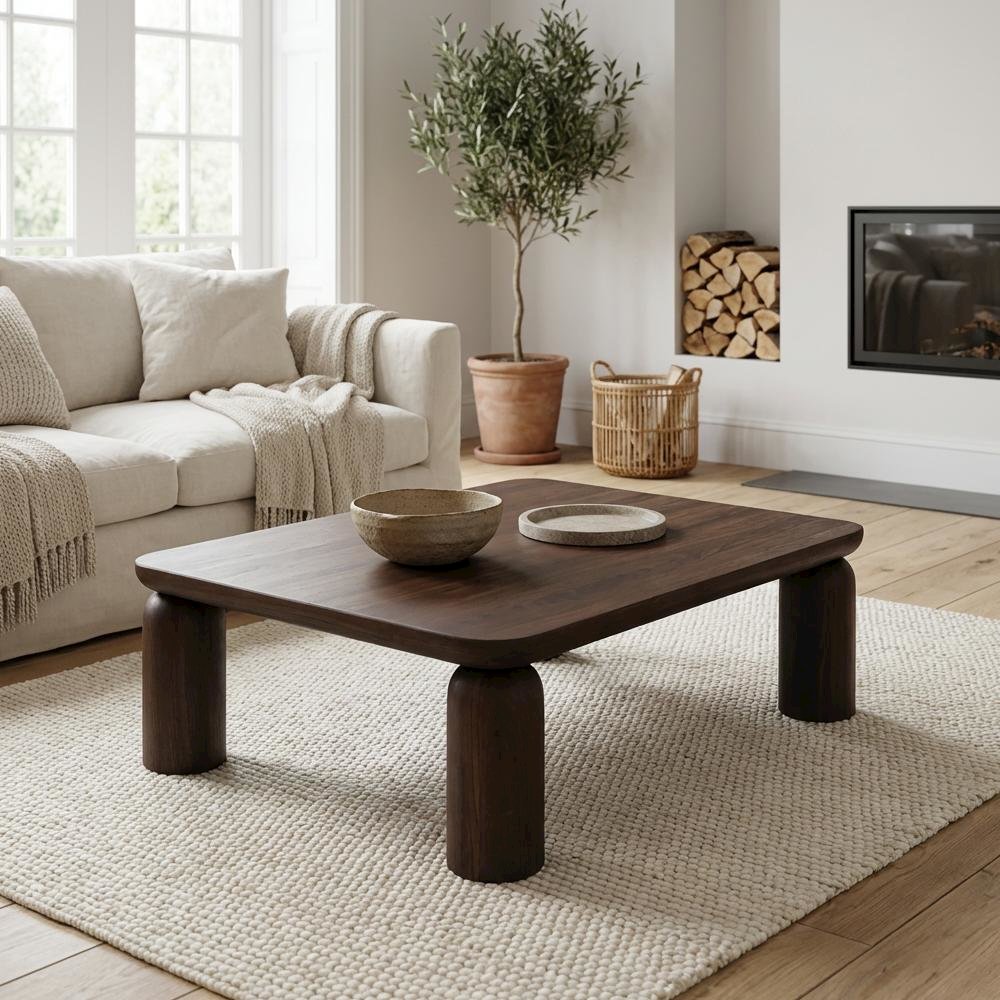Brown Solid Teak Wood Coffee Table with Matte Finish and Durable Metal Hardware