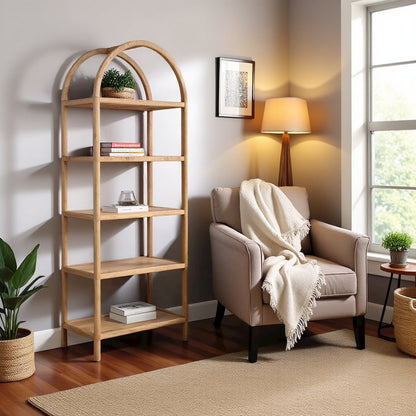 Elegant Tall Brown Wooden Bookcase, 4 Tier Shelf Bookshelf