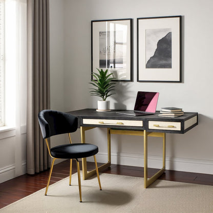 Modern Home Office Desk – Solid Black Oak Frame, 3 Drawers, Brass Gold Accents