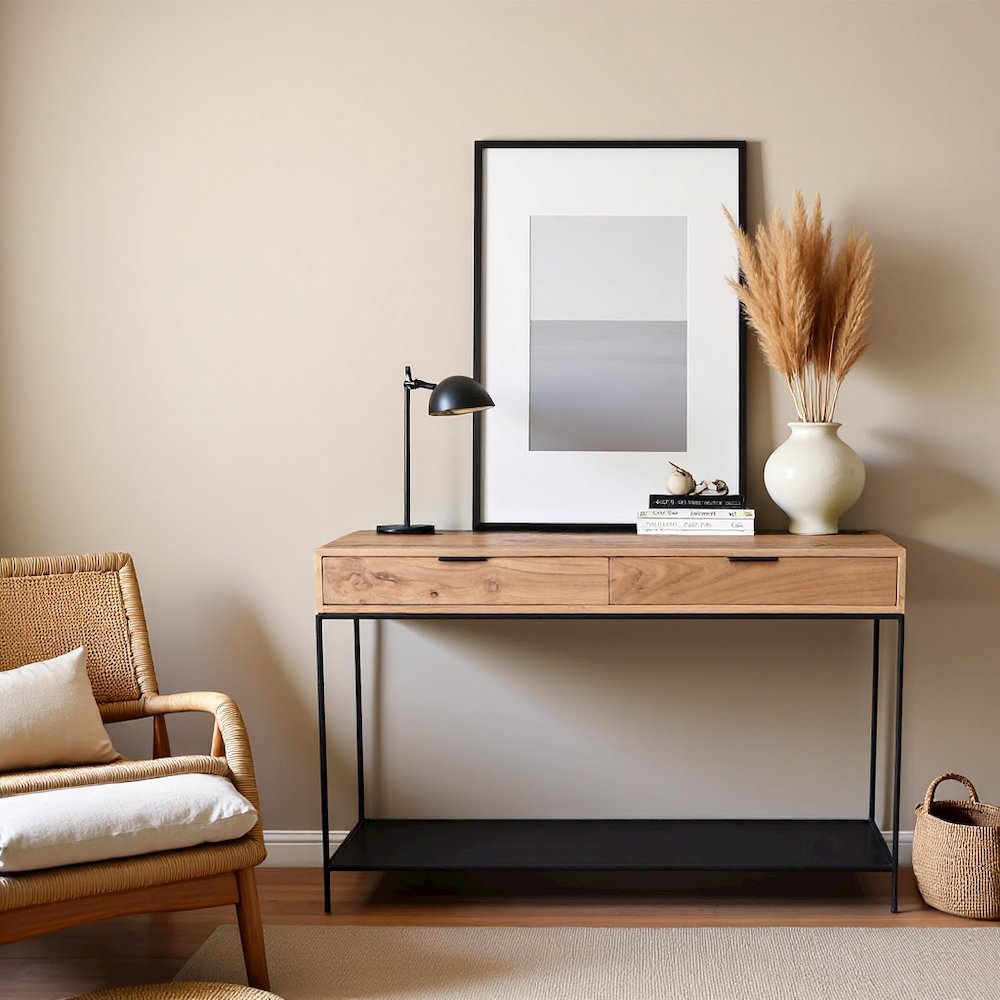 Solid Teak Wood Console Table, Iron Frame Entryway Furniture with 2 Drawers