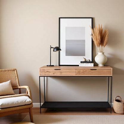 Solid Teak Wood Console Table, Iron Frame Entryway Furniture with 2 Drawers