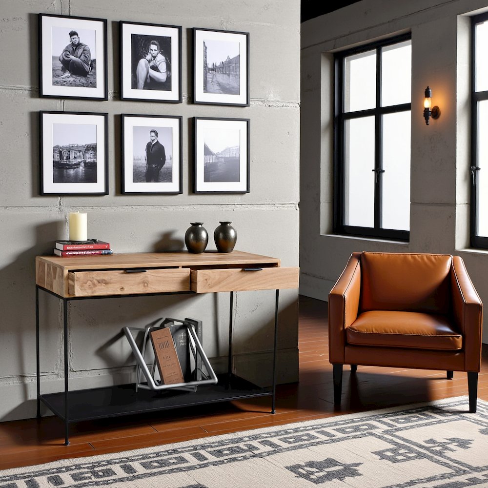 Solid Teak Wood Console Table, Iron Frame Entryway Furniture with 2 Drawers