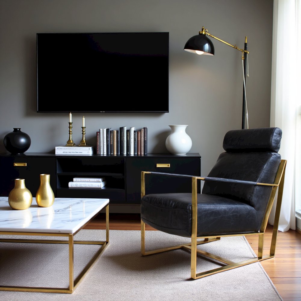 Mid Century Modern Rustic Armchair with Black Leather Seat and Gold Frame
