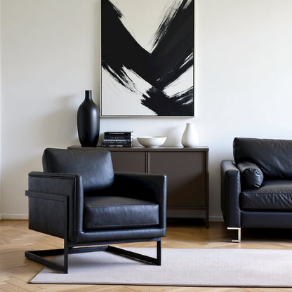 Modern Armchair with Black Leather Seat and Sturdy Metal Frame