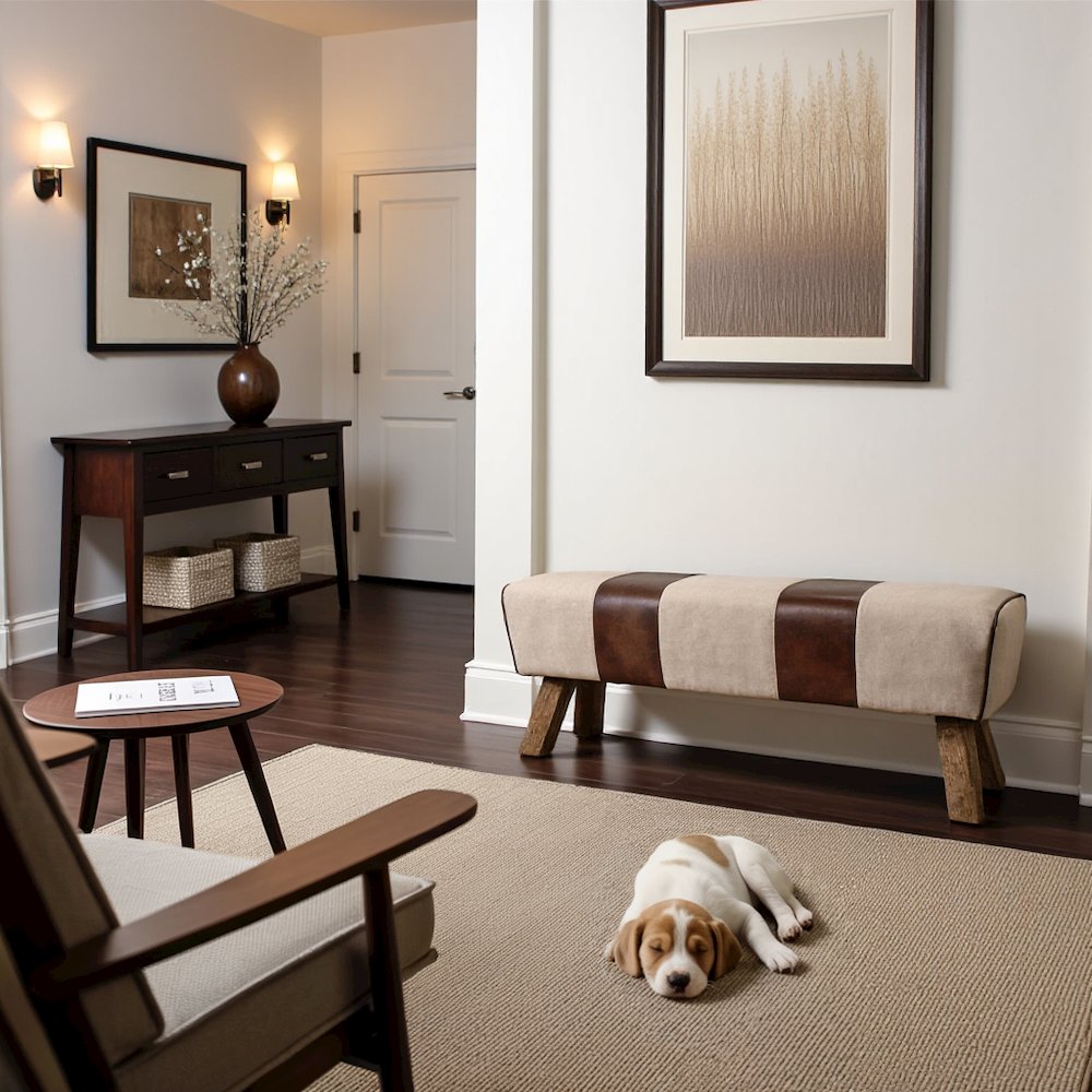 Brown Leather Bench, Elegant Entryway Bench with Wooden Legs