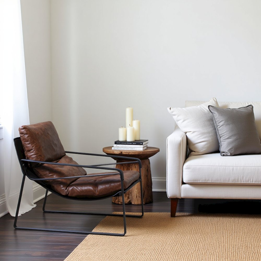 Mid Century Rustic Armchair Brown Leather with Black Iron Frame