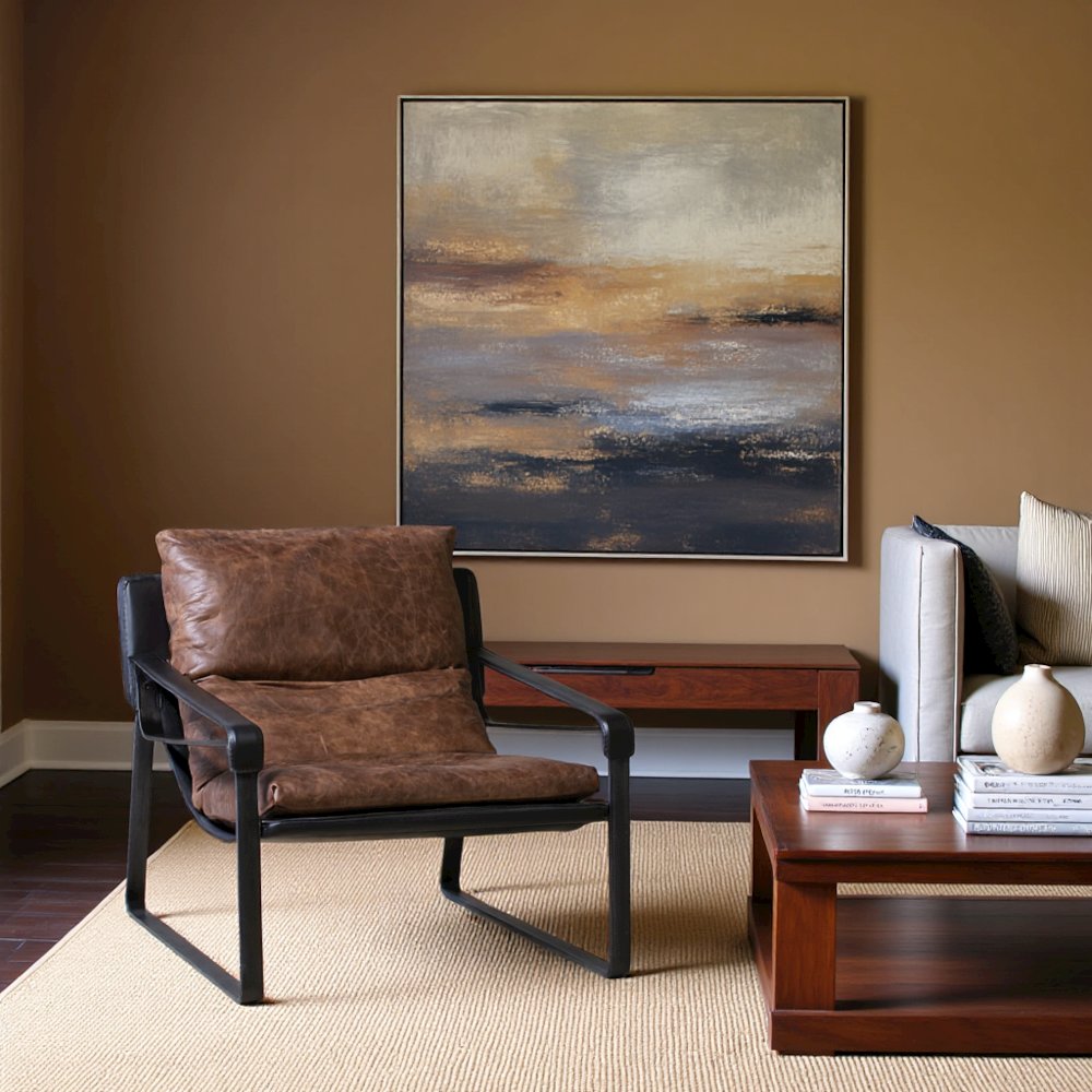 Mid Century Rustic Armchair Brown Leather with Black Iron Frame