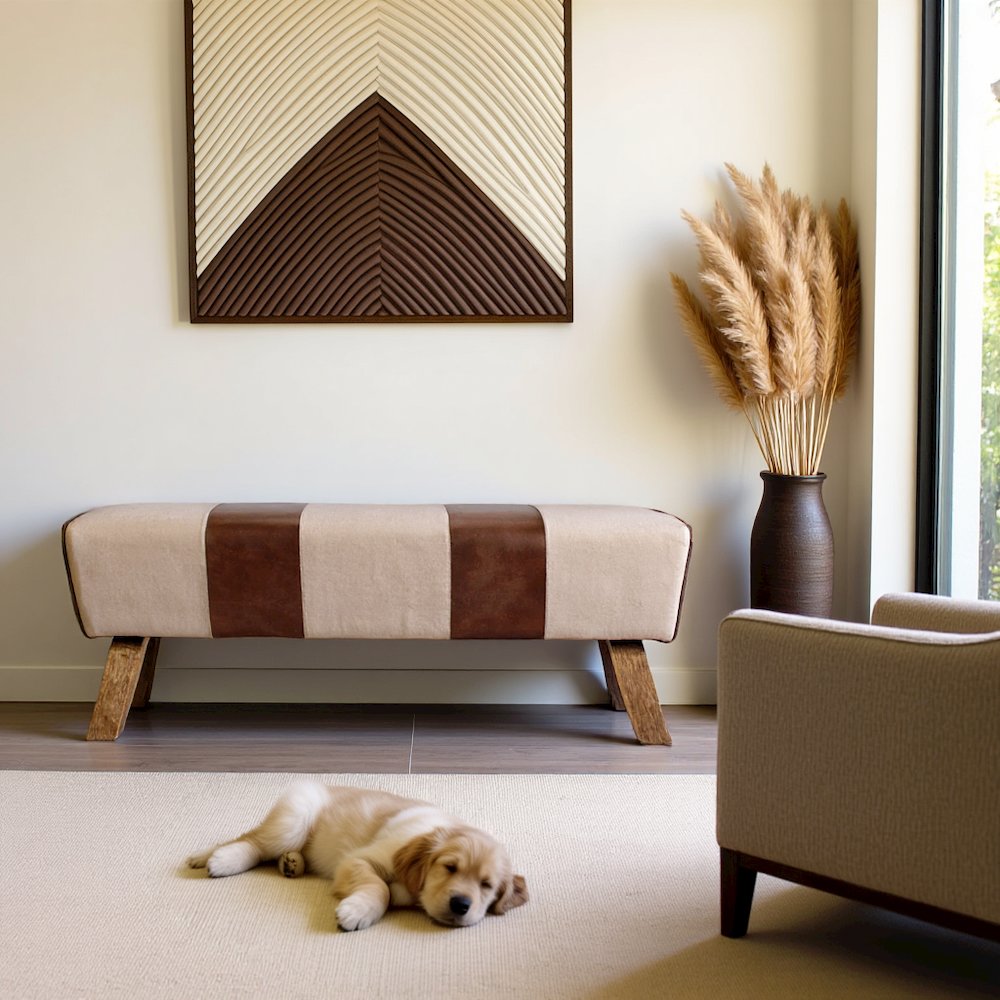 Brown Leather Bench, Elegant Entryway Bench with Wooden Legs