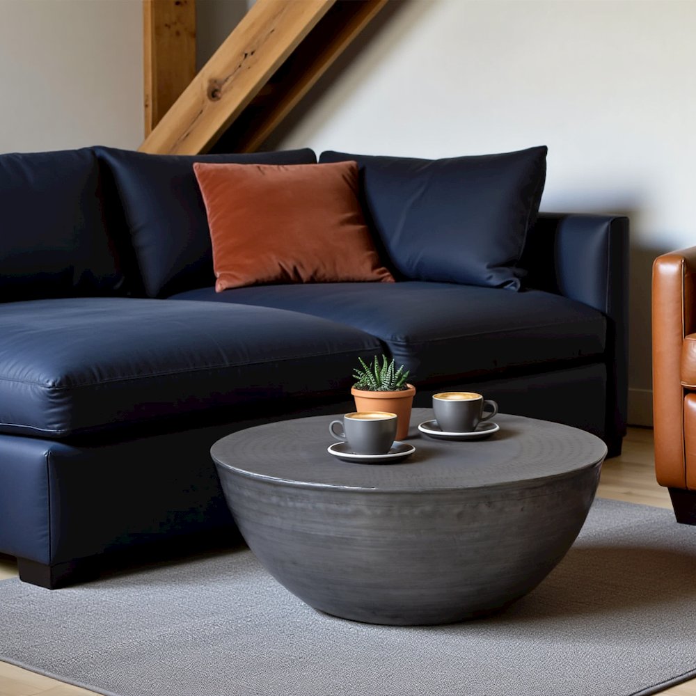 Round Drum Iron Coffee Table with Unique Design and Antique Zinc Finish