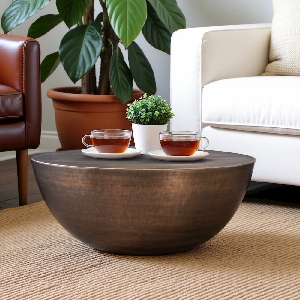 Bronze Metal Coffee Table – Round Drum Coffee Table with Unique Iron Design