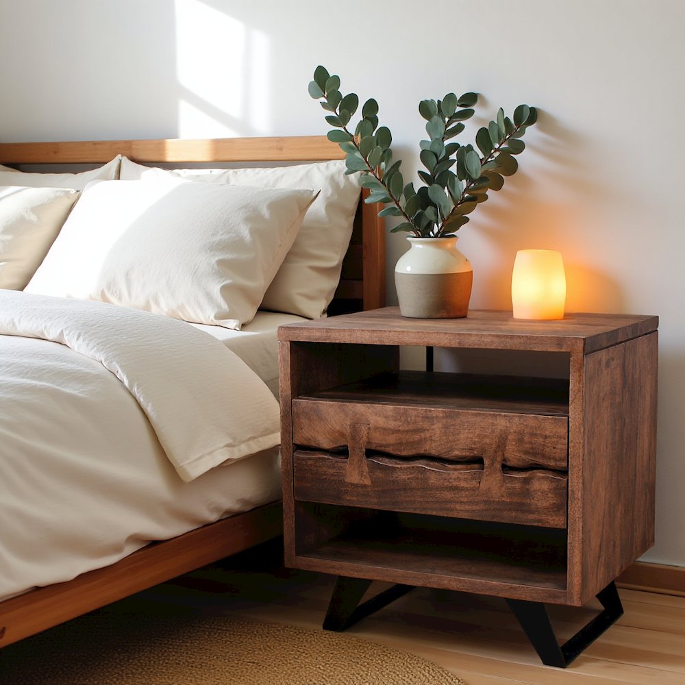 Brown Wood Nightstand – Unique Natural Bedside Table with Drawer and Steel Legs