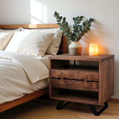 Brown Wood Nightstand – Unique Natural Bedside Table with Drawer and Steel Legs