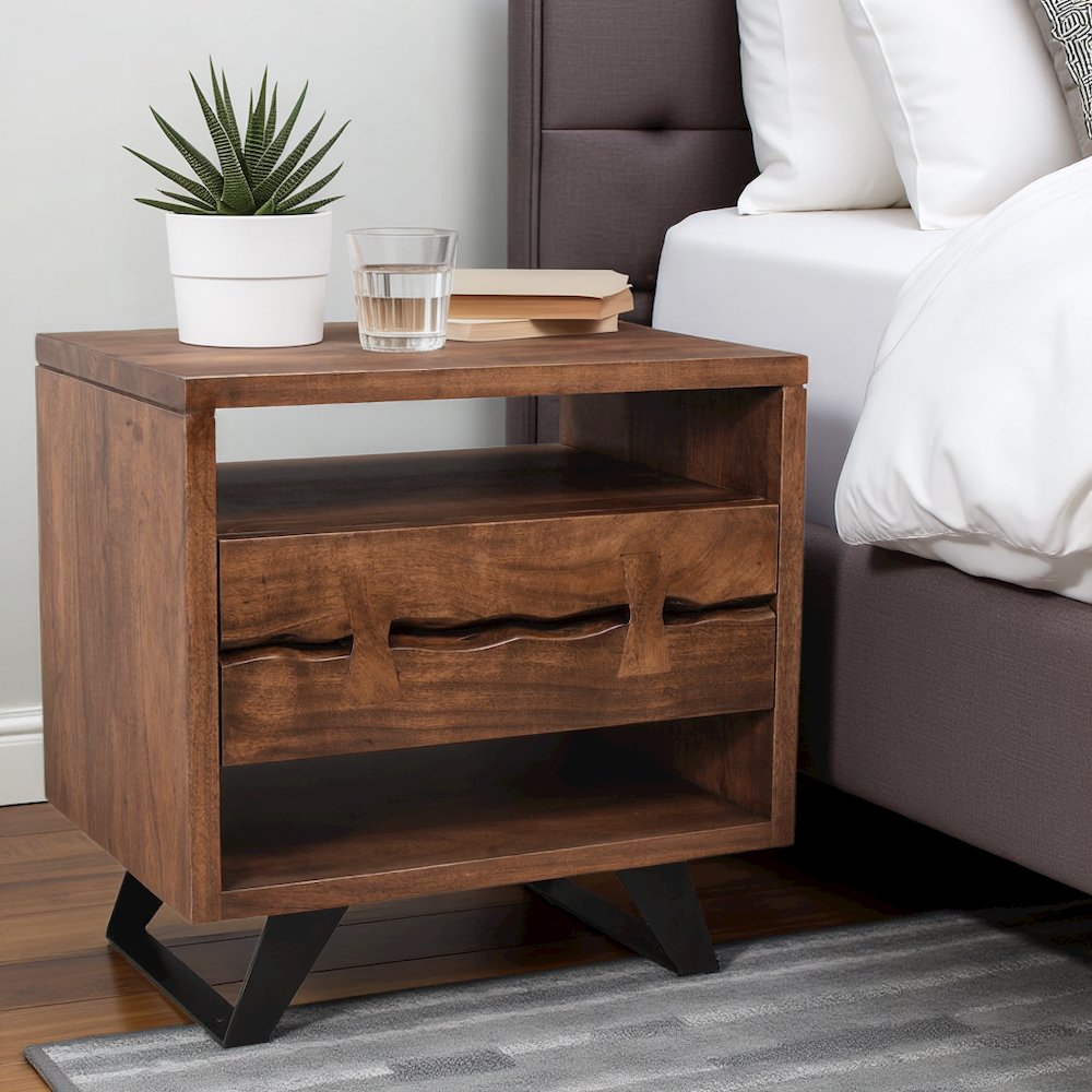 Brown Wood Nightstand – Unique Natural Bedside Table with Drawer and Steel Legs