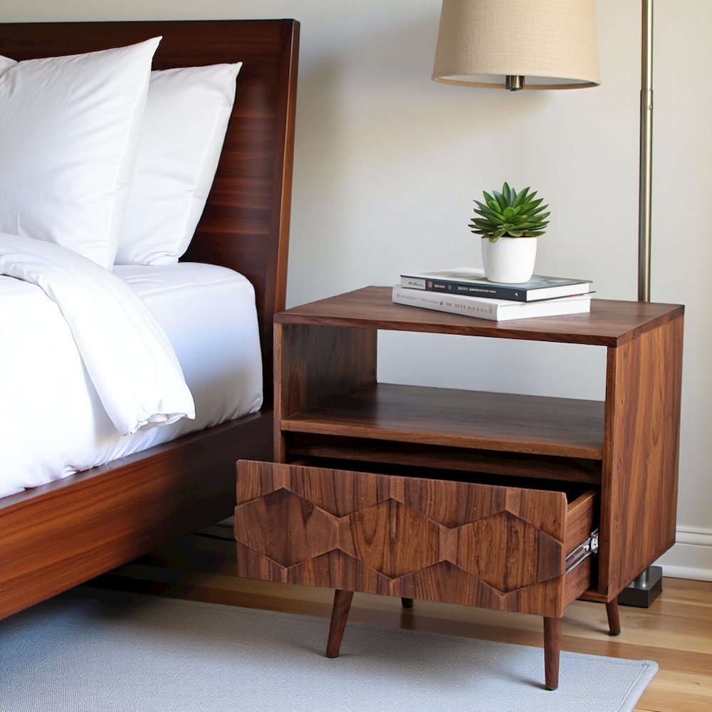 Brown Wooden Nightstand – Solid Sheesham Bedside Table with Drawer