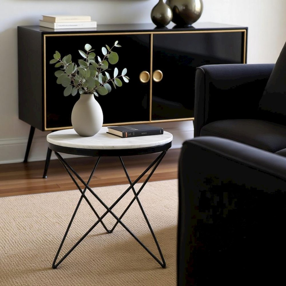 Round Marble Top Side Table with Sleek Black Iron Legs Marble Accent Table