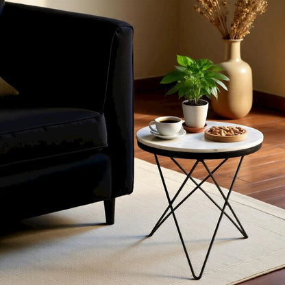 Round Marble Top Side Table with Sleek Black Iron Legs Marble Accent Table