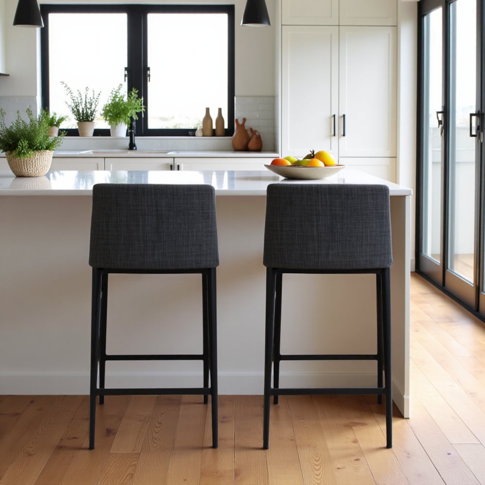 Modern Bar Stool Gray Upholstered Seating Comfy Bar Stool With Steel Frame